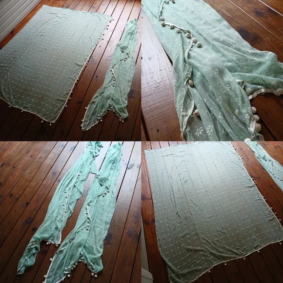 True antique vintage 1930's 40's mint green pom pom curtains 60 x 79